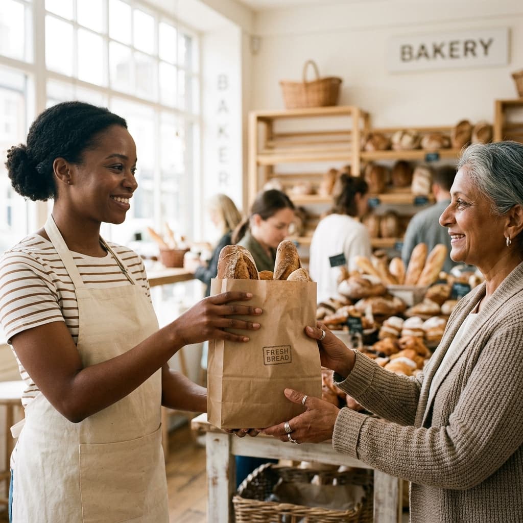 A food business worker handing a paper bag of food to a customer, representing community and dignity