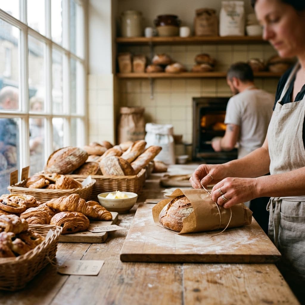 Freshly baked artisan bread and pastries on a wooden bakery counter